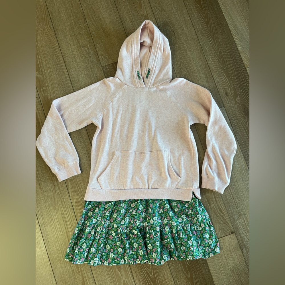 Boden Girl's Light Pink Hoodie Dress with Green Floral Attached Skirt Size 13-14